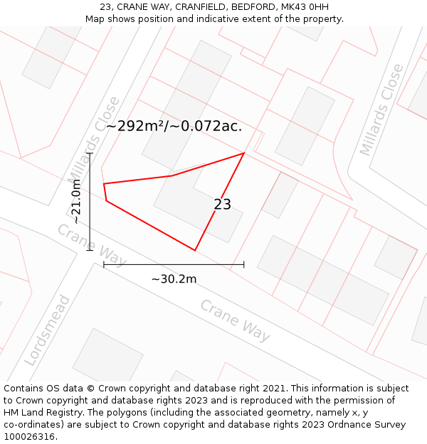 23, CRANE WAY, CRANFIELD, BEDFORD, MK43 0HH: Plot and title map