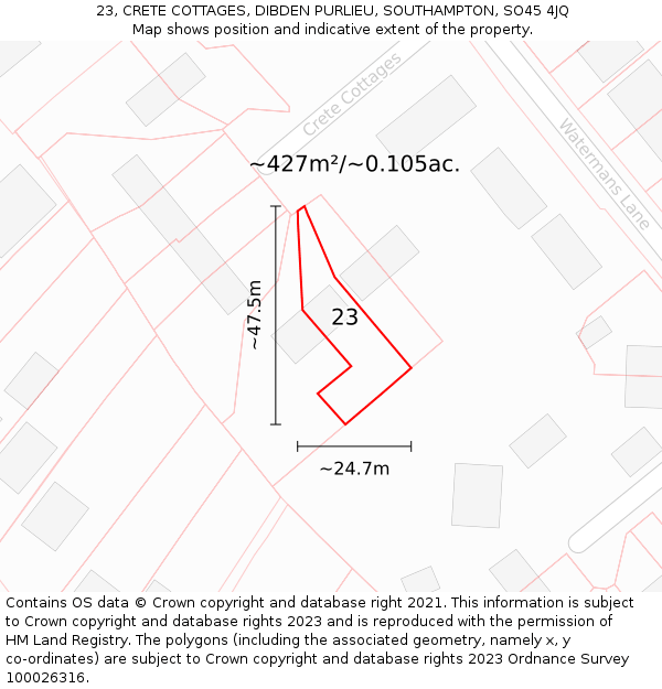 23, CRETE COTTAGES, DIBDEN PURLIEU, SOUTHAMPTON, SO45 4JQ: Plot and title map