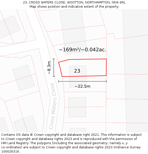 23, CROSS WATERS CLOSE, WOOTTON, NORTHAMPTON, NN4 6AL: Plot and title map