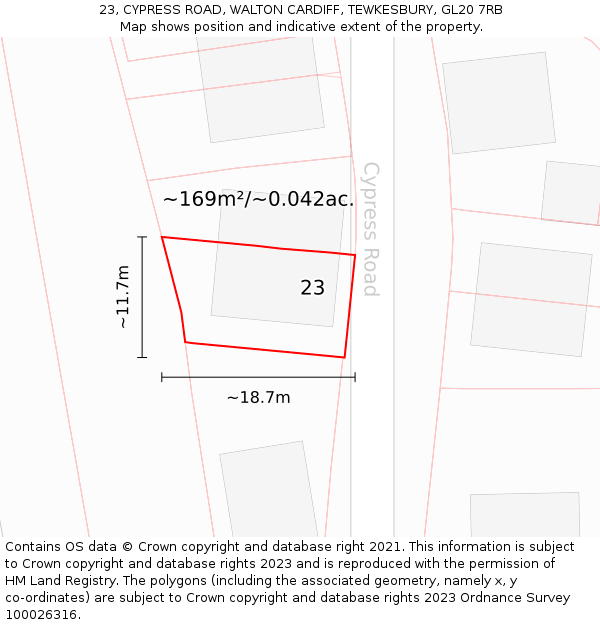 23, CYPRESS ROAD, WALTON CARDIFF, TEWKESBURY, GL20 7RB: Plot and title map