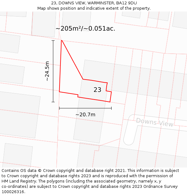 23, DOWNS VIEW, WARMINSTER, BA12 9DU: Plot and title map