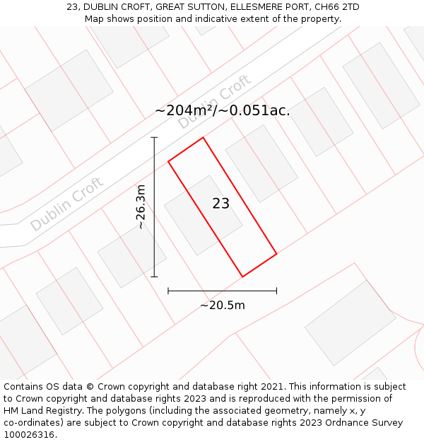 23, DUBLIN CROFT, GREAT SUTTON, ELLESMERE PORT, CH66 2TD: Plot and title map