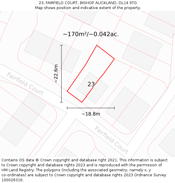 23, FAIRFIELD COURT, BISHOP AUCKLAND, DL14 9TG: Plot and title map