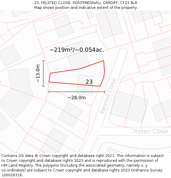 23, FELSTED CLOSE, PONTPRENNAU, CARDIFF, CF23 8LR: Plot and title map