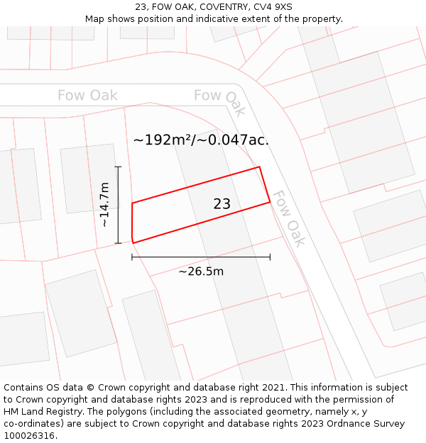 23, FOW OAK, COVENTRY, CV4 9XS: Plot and title map