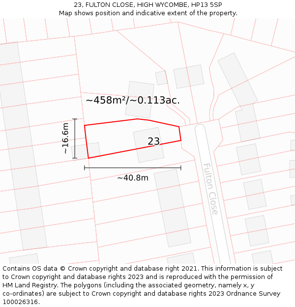 23, FULTON CLOSE, HIGH WYCOMBE, HP13 5SP: Plot and title map