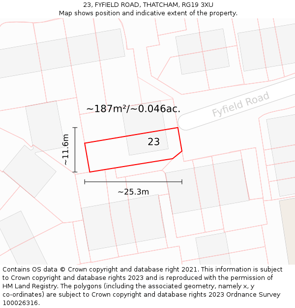 23, FYFIELD ROAD, THATCHAM, RG19 3XU: Plot and title map