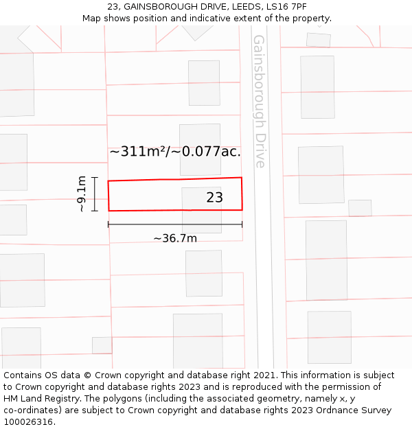 23, GAINSBOROUGH DRIVE, LEEDS, LS16 7PF: Plot and title map