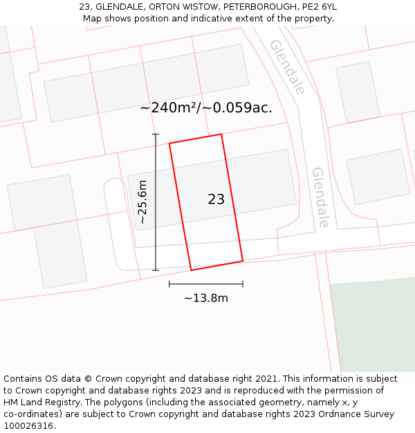 23, GLENDALE, ORTON WISTOW, PETERBOROUGH, PE2 6YL: Plot and title map