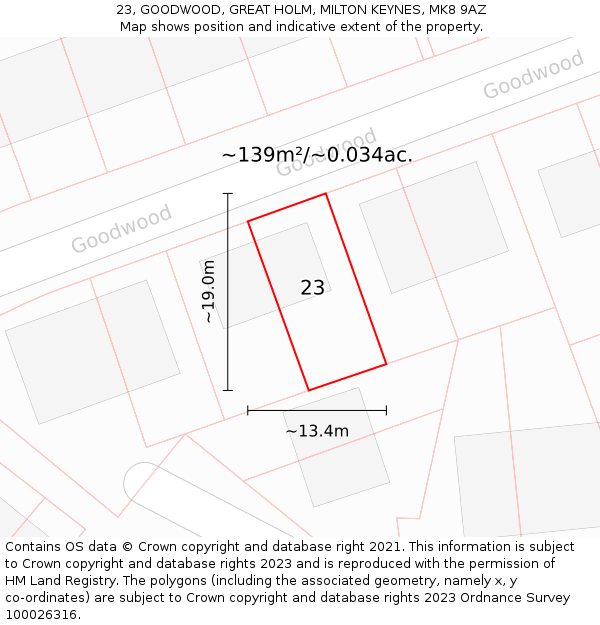 23, GOODWOOD, GREAT HOLM, MILTON KEYNES, MK8 9AZ: Plot and title map