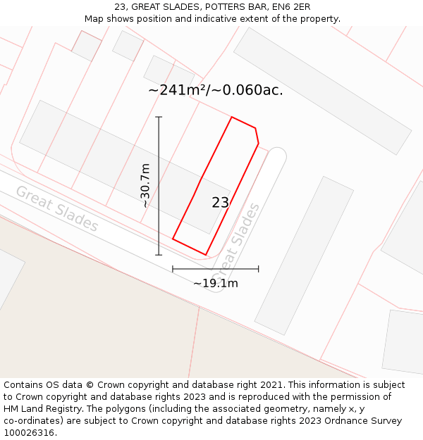 23, GREAT SLADES, POTTERS BAR, EN6 2ER: Plot and title map