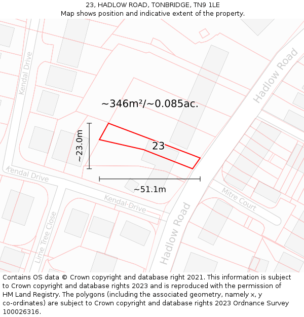 23, HADLOW ROAD, TONBRIDGE, TN9 1LE: Plot and title map