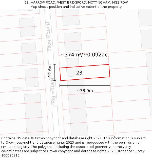 23, HARROW ROAD, WEST BRIDGFORD, NOTTINGHAM, NG2 7DW: Plot and title map