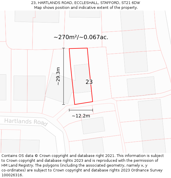 23, HARTLANDS ROAD, ECCLESHALL, STAFFORD, ST21 6DW: Plot and title map