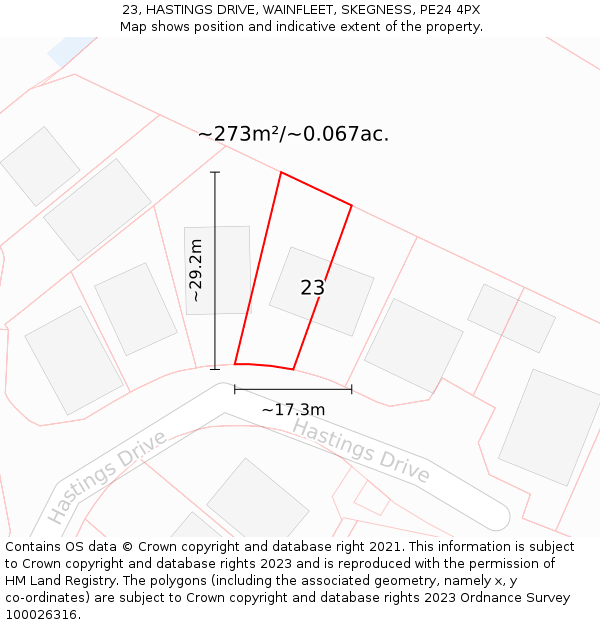 23, HASTINGS DRIVE, WAINFLEET, SKEGNESS, PE24 4PX: Plot and title map