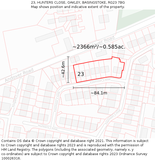 23, HUNTERS CLOSE, OAKLEY, BASINGSTOKE, RG23 7BG: Plot and title map