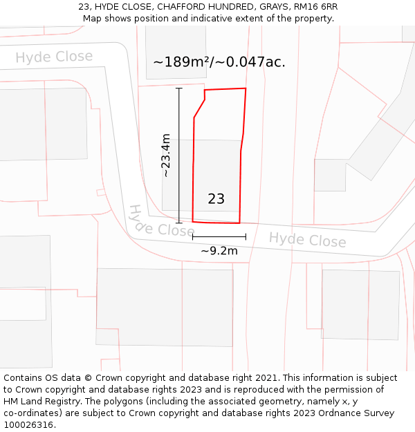 23, HYDE CLOSE, CHAFFORD HUNDRED, GRAYS, RM16 6RR: Plot and title map