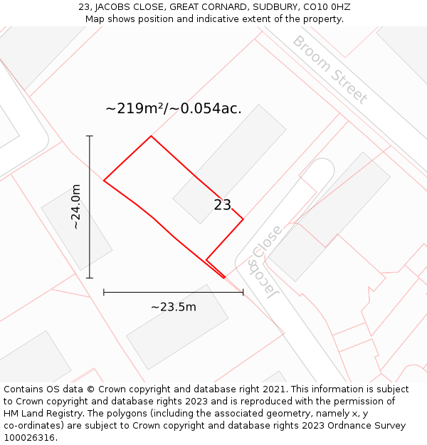 23, JACOBS CLOSE, GREAT CORNARD, SUDBURY, CO10 0HZ: Plot and title map