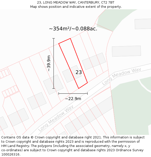 23, LONG MEADOW WAY, CANTERBURY, CT2 7BT: Plot and title map