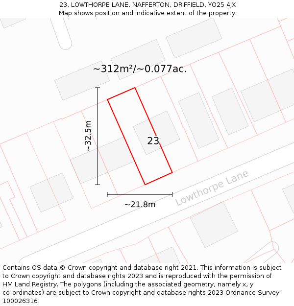 23, LOWTHORPE LANE, NAFFERTON, DRIFFIELD, YO25 4JX: Plot and title map