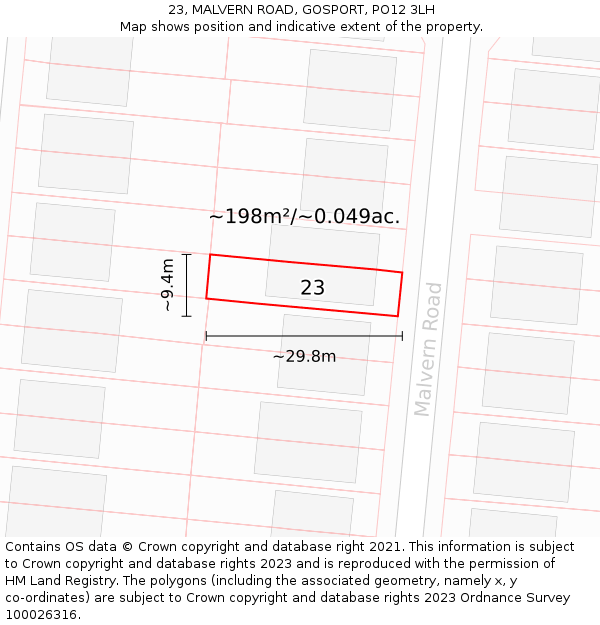 23, MALVERN ROAD, GOSPORT, PO12 3LH: Plot and title map