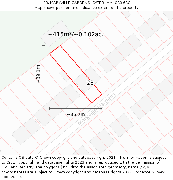 23, MARKVILLE GARDENS, CATERHAM, CR3 6RG: Plot and title map
