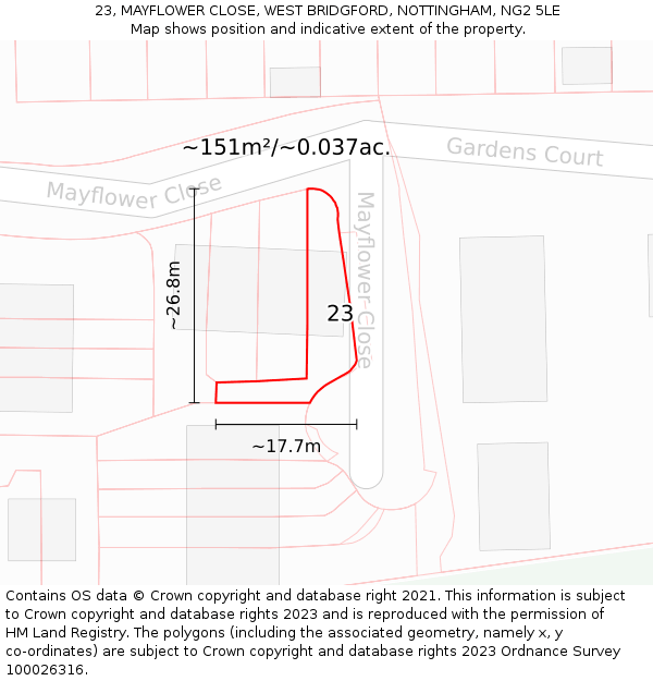 23, MAYFLOWER CLOSE, WEST BRIDGFORD, NOTTINGHAM, NG2 5LE: Plot and title map