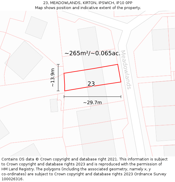 23, MEADOWLANDS, KIRTON, IPSWICH, IP10 0PP: Plot and title map