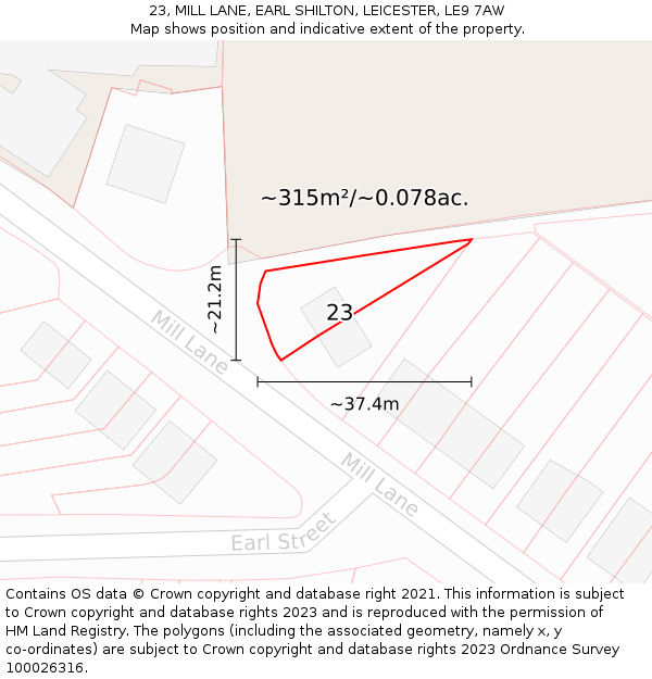 23, MILL LANE, EARL SHILTON, LEICESTER, LE9 7AW: Plot and title map