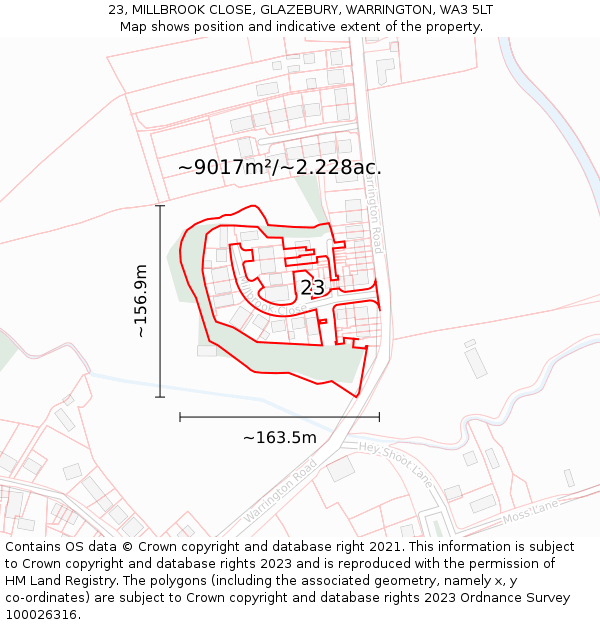 23, MILLBROOK CLOSE, GLAZEBURY, WARRINGTON, WA3 5LT: Plot and title map