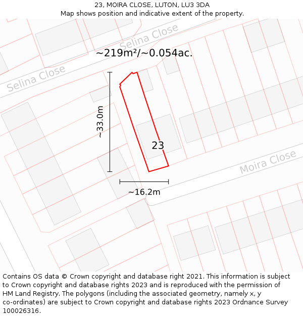 23, MOIRA CLOSE, LUTON, LU3 3DA: Plot and title map