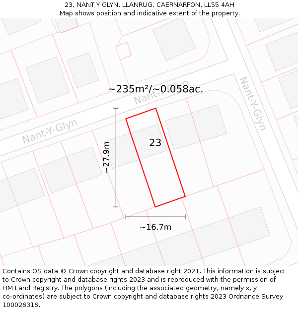 23, NANT Y GLYN, LLANRUG, CAERNARFON, LL55 4AH: Plot and title map