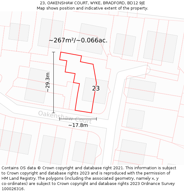 23, OAKENSHAW COURT, WYKE, BRADFORD, BD12 9JE: Plot and title map