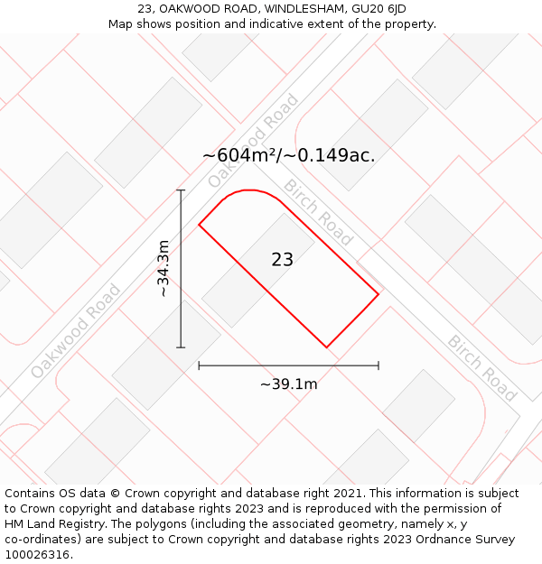 23, OAKWOOD ROAD, WINDLESHAM, GU20 6JD: Plot and title map