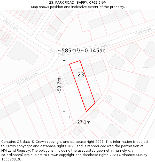 23, PARK ROAD, BARRY, CF62 6NW: Plot and title map