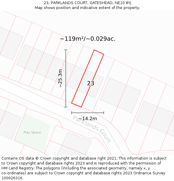 23, PARKLANDS COURT, GATESHEAD, NE10 8YJ: Plot and title map