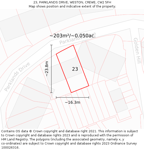 23, PARKLANDS DRIVE, WESTON, CREWE, CW2 5FH: Plot and title map