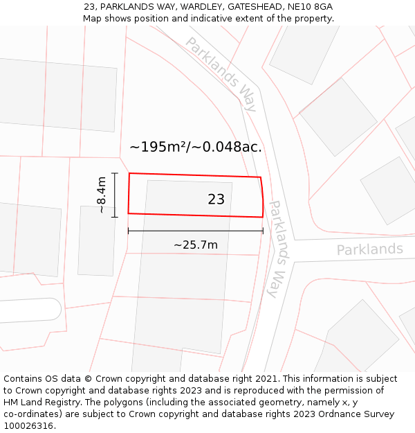 23, PARKLANDS WAY, WARDLEY, GATESHEAD, NE10 8GA: Plot and title map