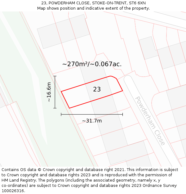 23, POWDERHAM CLOSE, STOKE-ON-TRENT, ST6 6XN: Plot and title map