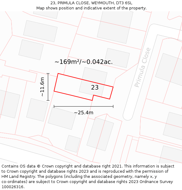 23, PRIMULA CLOSE, WEYMOUTH, DT3 6SL: Plot and title map