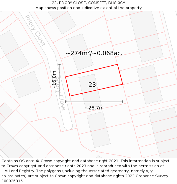 23, PRIORY CLOSE, CONSETT, DH8 0SA: Plot and title map