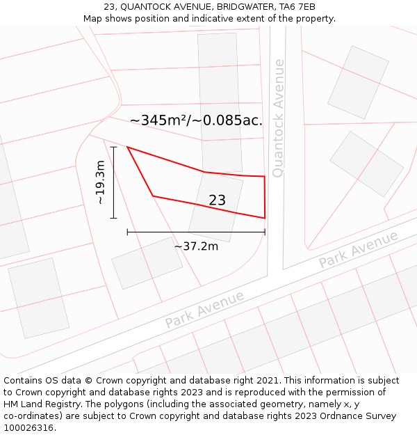 23, QUANTOCK AVENUE, BRIDGWATER, TA6 7EB: Plot and title map