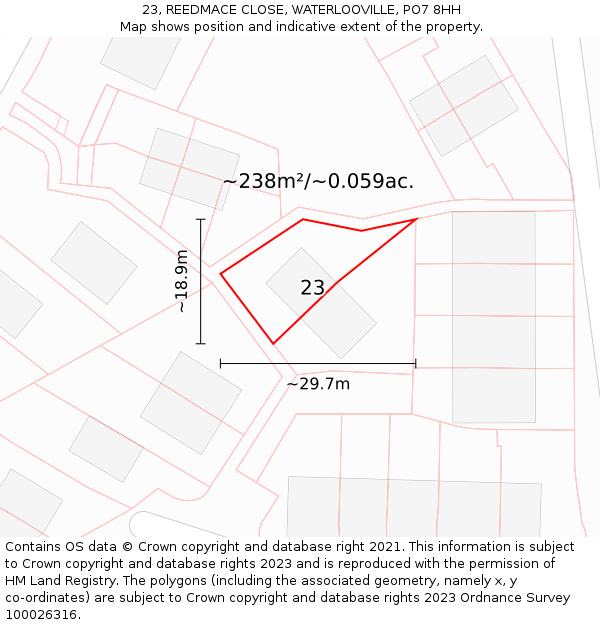 23, REEDMACE CLOSE, WATERLOOVILLE, PO7 8HH: Plot and title map