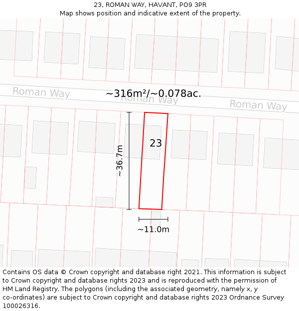 23, ROMAN WAY, HAVANT, PO9 3PR: Plot and title map