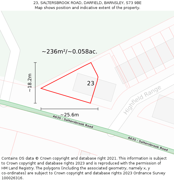 23, SALTERSBROOK ROAD, DARFIELD, BARNSLEY, S73 9BE: Plot and title map