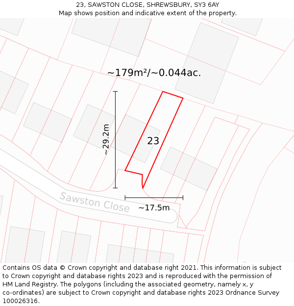 23, SAWSTON CLOSE, SHREWSBURY, SY3 6AY: Plot and title map