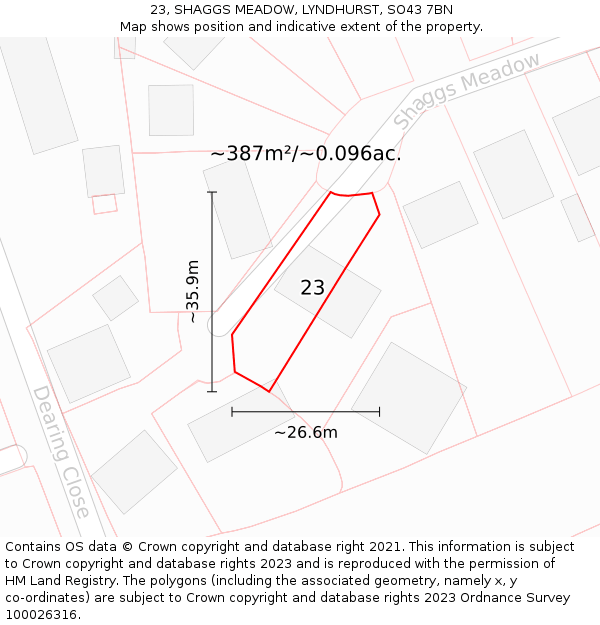 23, SHAGGS MEADOW, LYNDHURST, SO43 7BN: Plot and title map