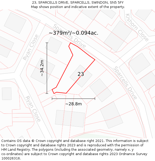 23, SPARCELLS DRIVE, SPARCELLS, SWINDON, SN5 5FY: Plot and title map