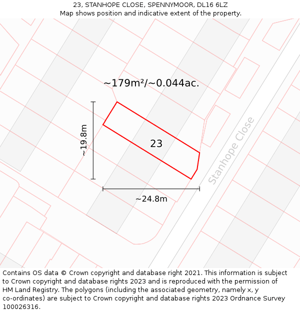 23, STANHOPE CLOSE, SPENNYMOOR, DL16 6LZ: Plot and title map