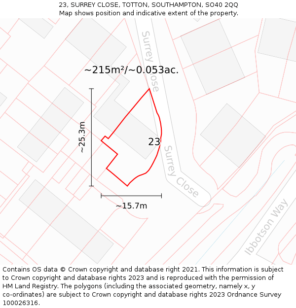 23, SURREY CLOSE, TOTTON, SOUTHAMPTON, SO40 2QQ: Plot and title map